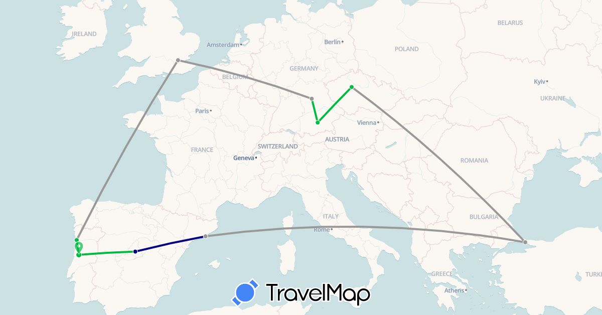 TravelMap itinerary: driving, bus, plane in Czech Republic, Germany, Spain, United Kingdom, Portugal, Turkey (Asia, Europe)